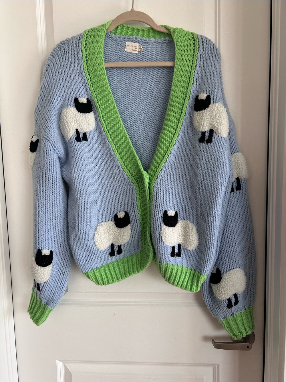 Cardigan with Green Trim and Sheep Motif